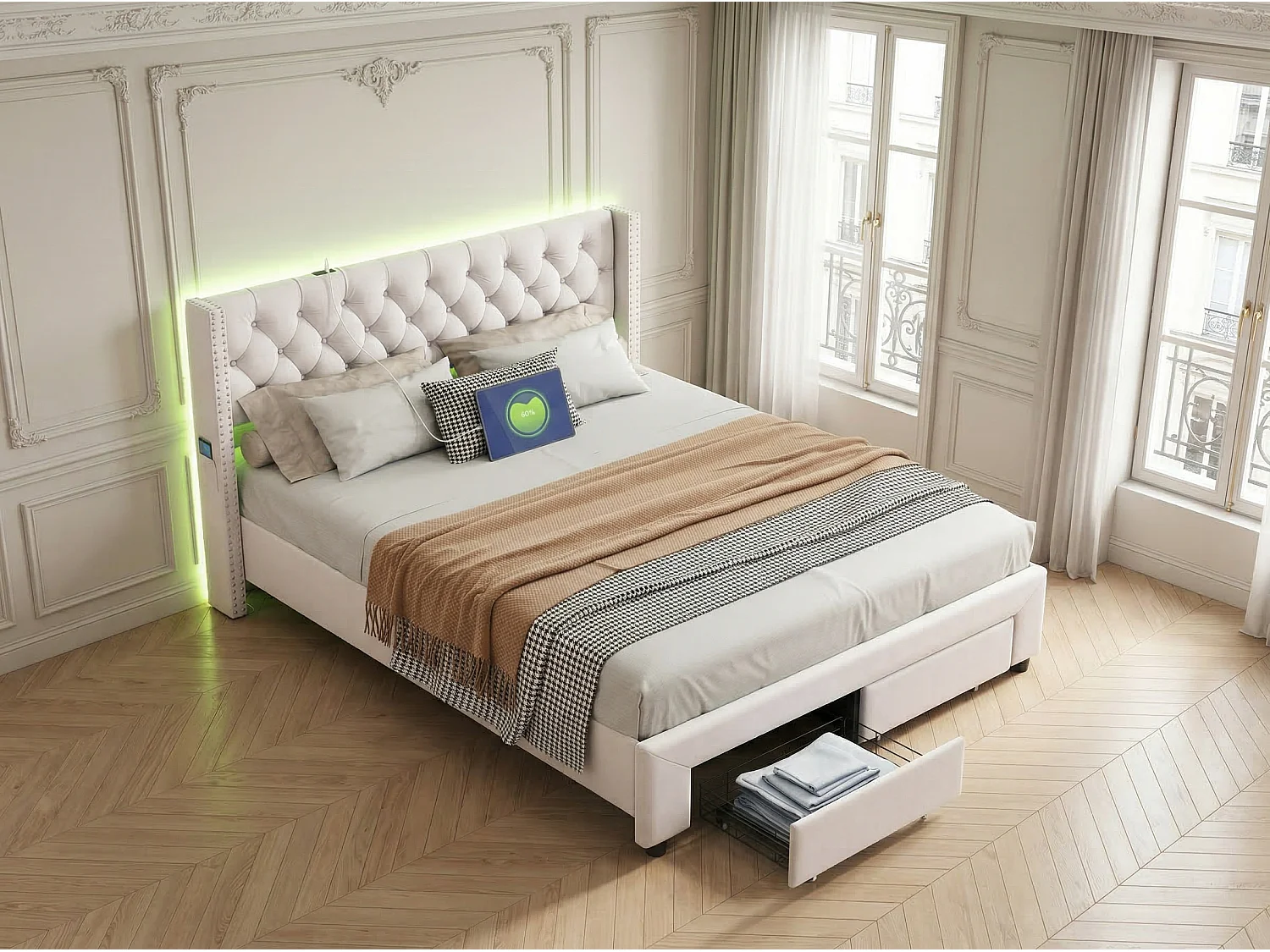 Lit double capitonné 140 x 190 cm - Tissu lin - Avec espace de rangement et éclairage LED - Beige