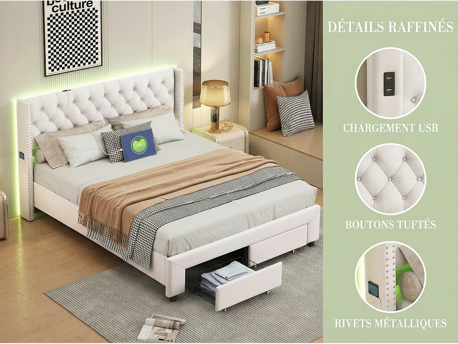 Lit double capitonné 140 x 190 cm - Tissu lin - Avec espace de rangement et éclairage LED - Beige