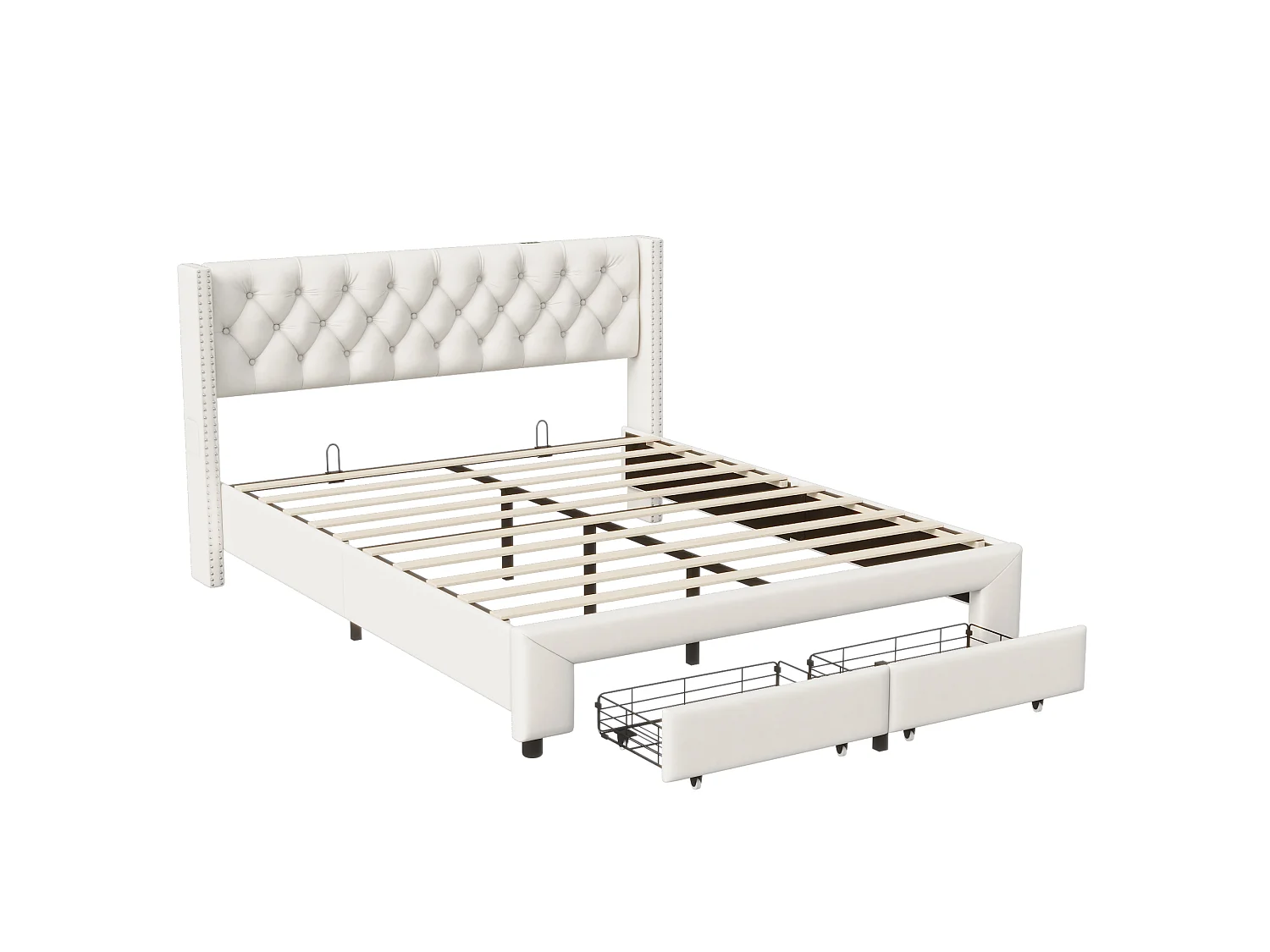 Lit double capitonné 140 x 190 cm - Tissu lin - Avec espace de rangement et éclairage LED - Beige
