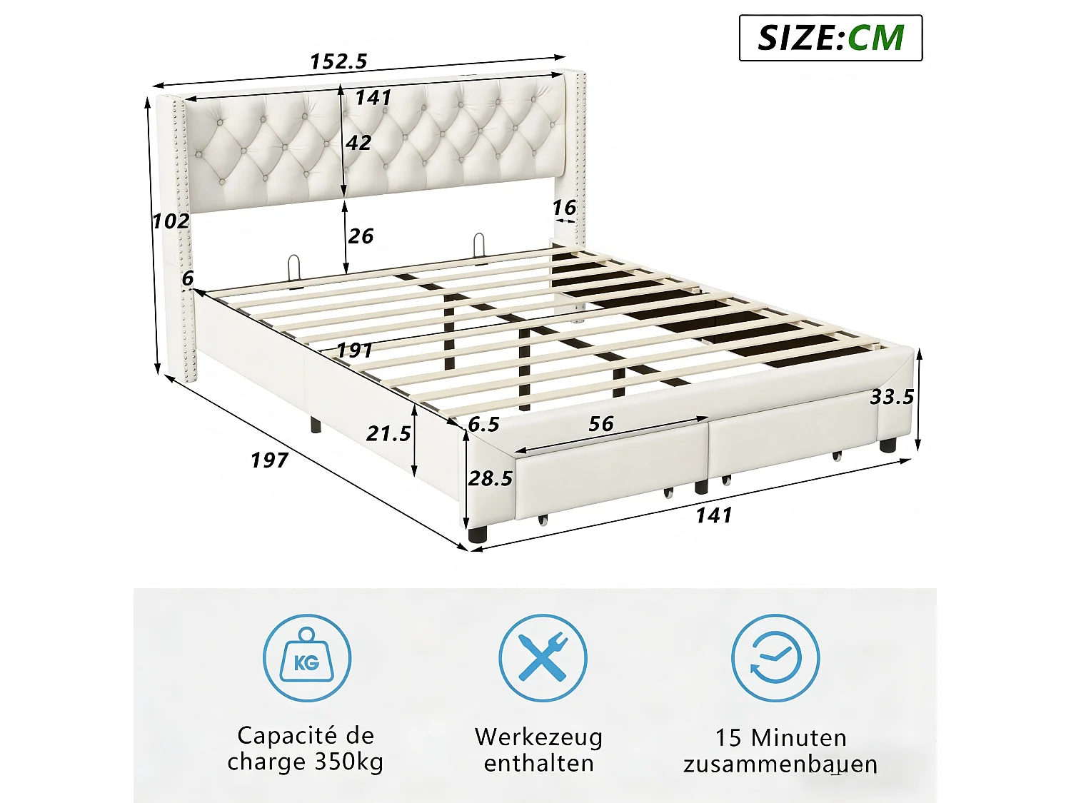 Lit double capitonné 140 x 190 cm - Tissu lin - Avec espace de rangement et éclairage LED - Beige