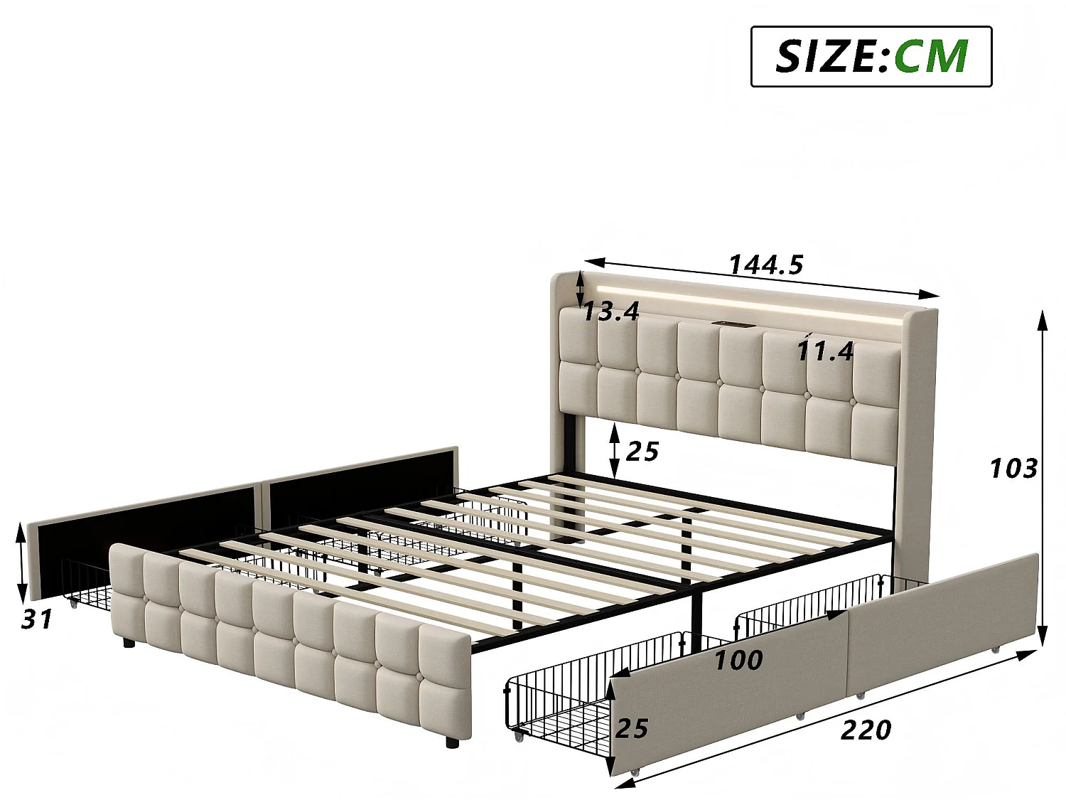 Lit double rembourré 140x200 cm beige avec 4 tiroirs de rangement tête de lit avec étagère ports USB et sommier à lattes
