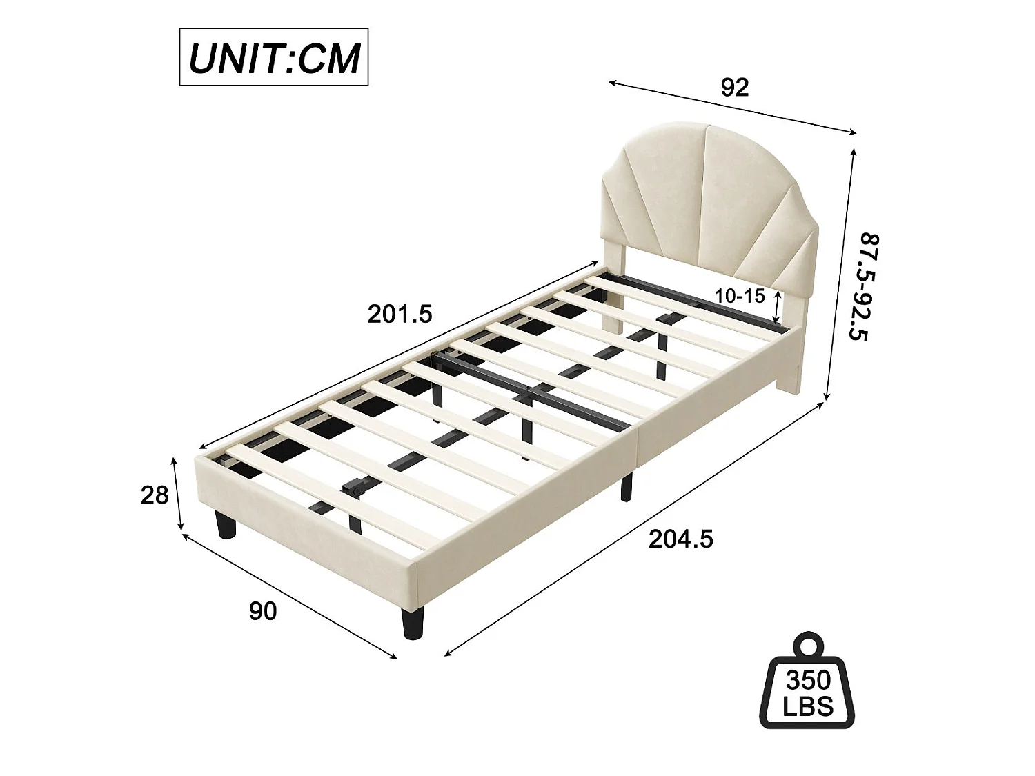 Lit enfant 90x200 cm beige, lit junior avec coffre de rangement et sommier à lattes, tête de lit douce, espace pratique pour chambre enfant