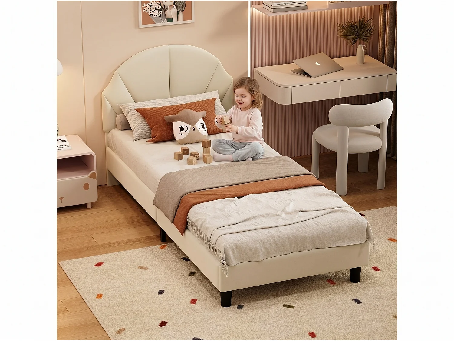 Lit enfant 90x200 cm beige, lit junior avec coffre de rangement et sommier à lattes, tête de lit douce, espace pratique pour chambre enfant