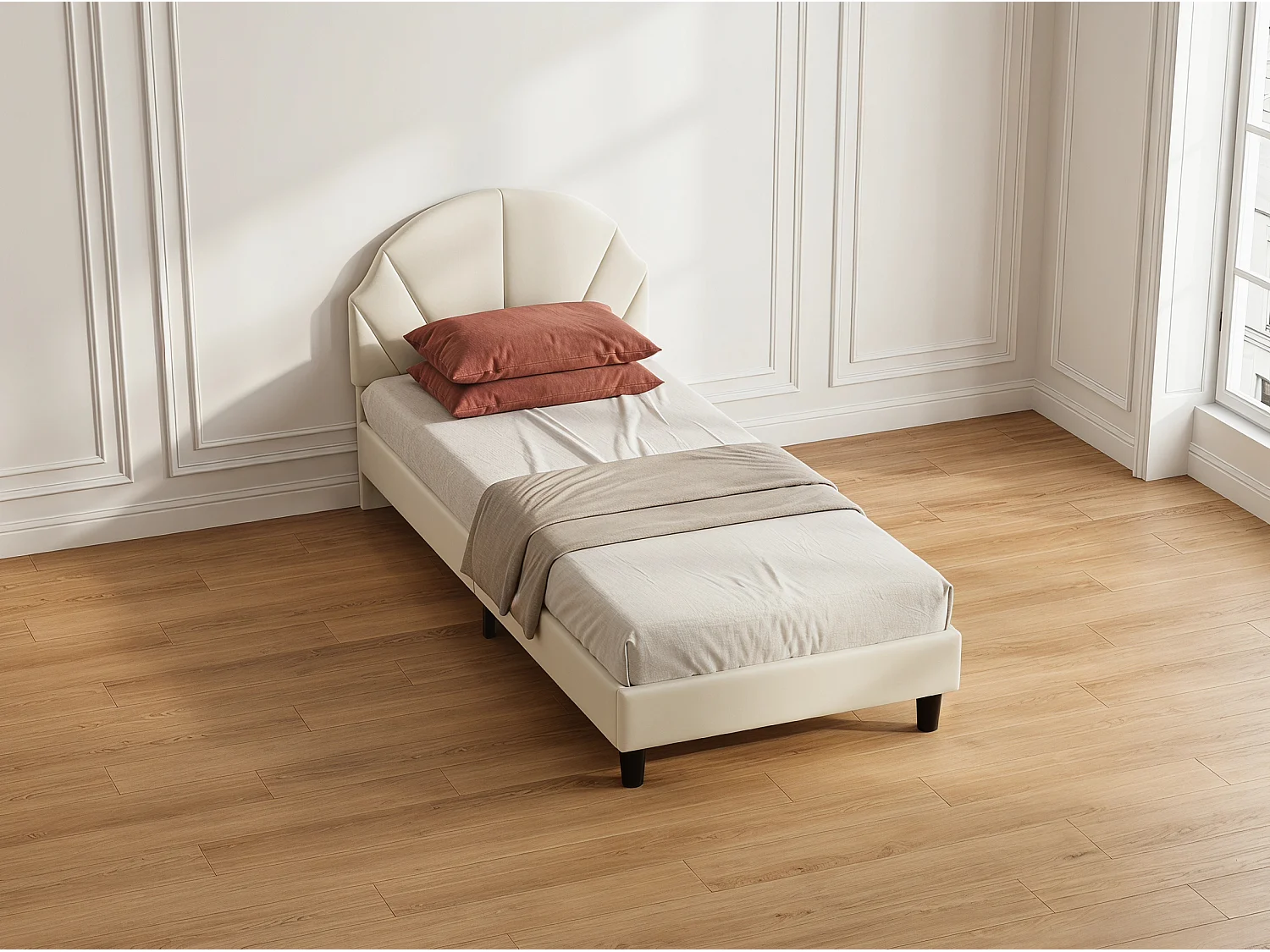 Lit enfant 90x200 cm beige, lit junior avec coffre de rangement et sommier à lattes, tête de lit douce, espace pratique pour chambre enfant