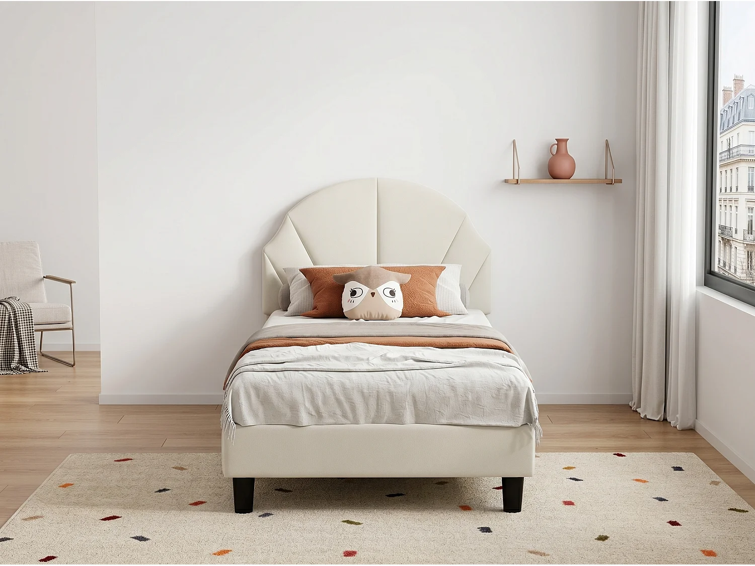 Lit enfant 90x200 cm beige, lit junior avec coffre de rangement et sommier à lattes, tête de lit douce, espace pratique pour chambre enfant