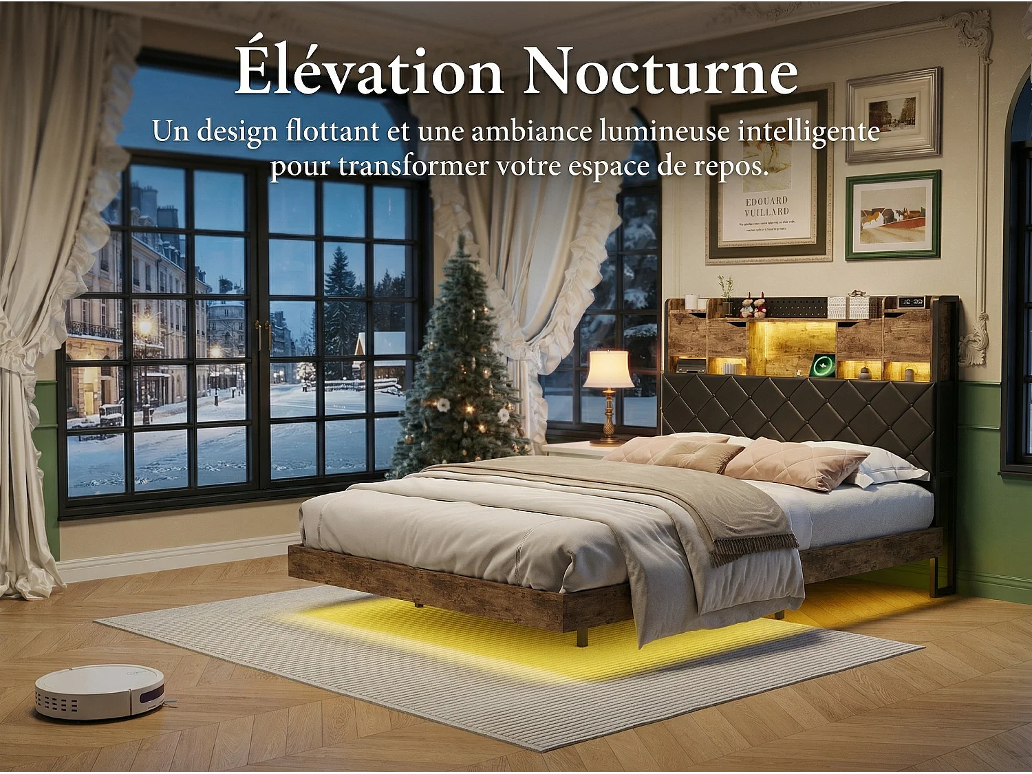 Lit double 160x200 cm noir avec tête de lit rembourrée, rangements intégrés, éclairage LED, prises USB et sommier à lattes