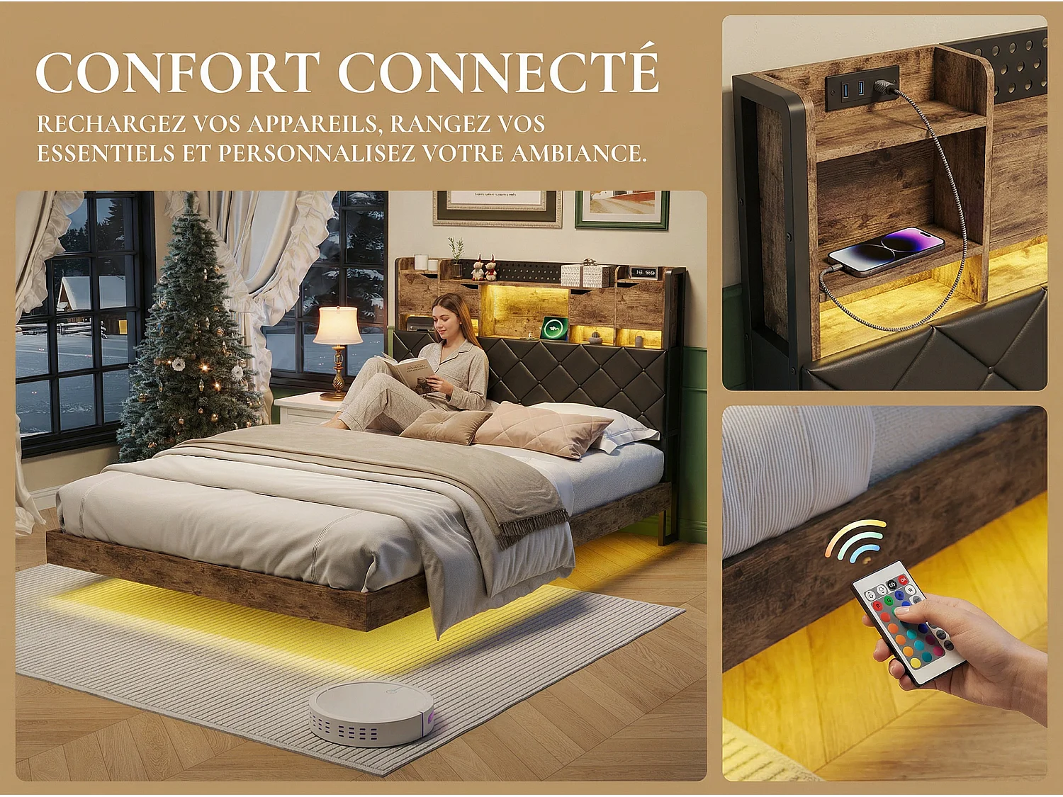 Lit double 160x200 cm noir avec tête de lit rembourrée, rangements intégrés, éclairage LED, prises USB et sommier à lattes