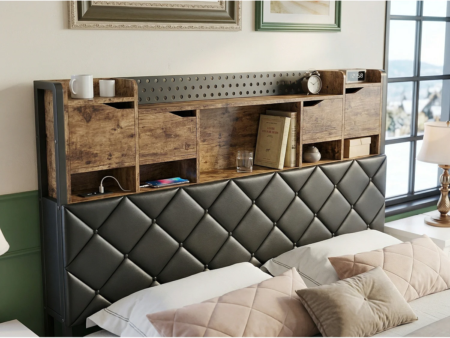 Lit double 160x200 cm noir avec tête de lit rembourrée, rangements intégrés, éclairage LED, prises USB et sommier à lattes