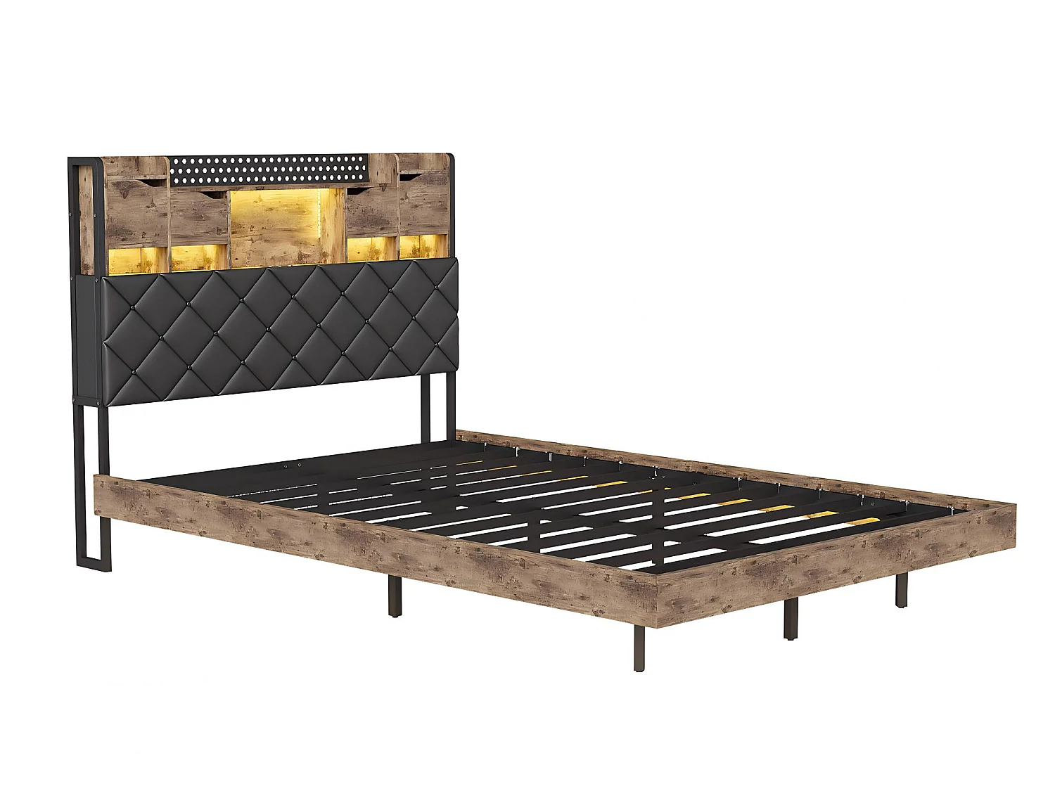 Lit double 160x200 cm noir avec tête de lit rembourrée, rangements intégrés, éclairage LED, prises USB et sommier à lattes
