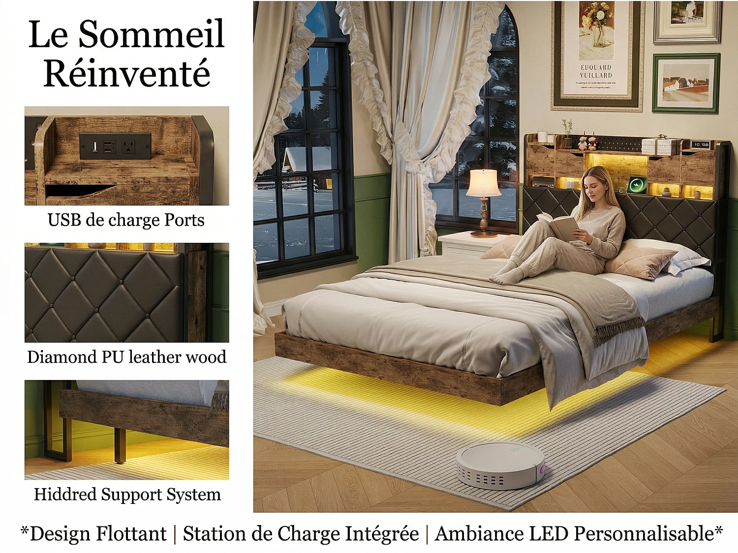 Lit double 160x200 cm noir avec tête de lit rembourrée, rangements intégrés, éclairage LED, prises USB et sommier à lattes
