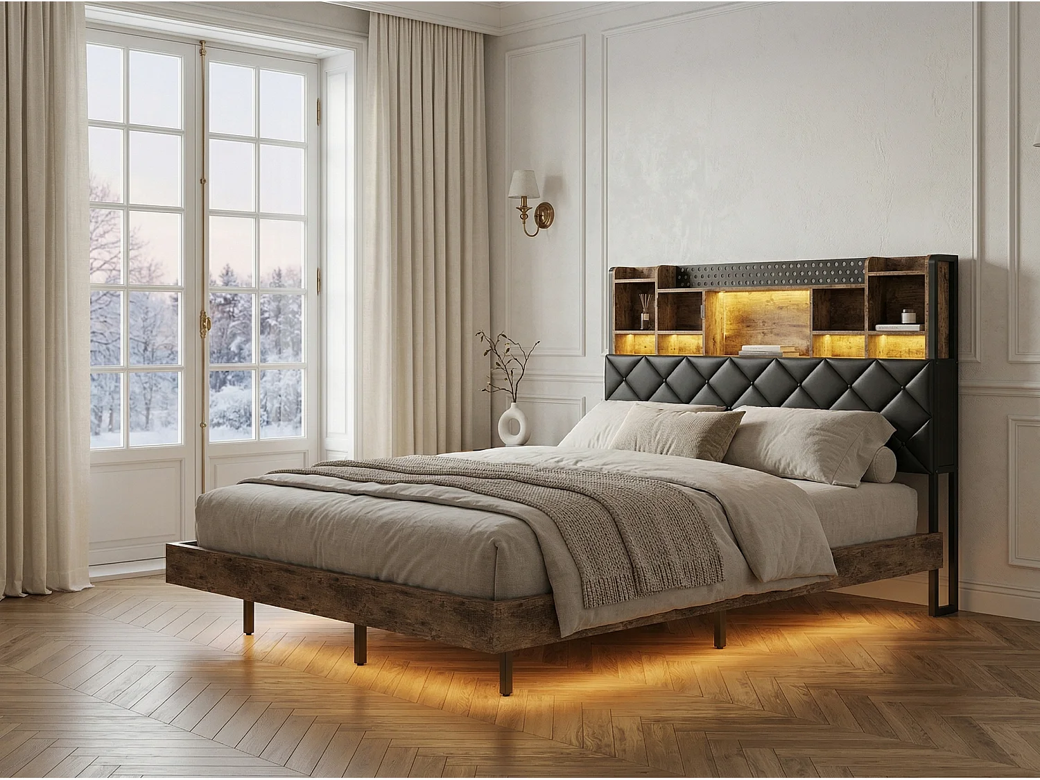 Lit double 160x200 cm noir avec tête de lit rembourrée, rangements intégrés, éclairage LED, prises USB et sommier à lattes