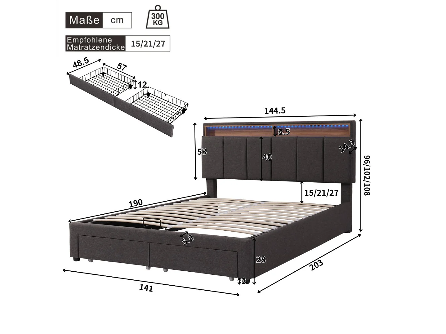 Lit coffre 140 x 190 cm - Tête de lit avec éclairage LED - Revêtement en lin - Compartiments de rangement - Gris
