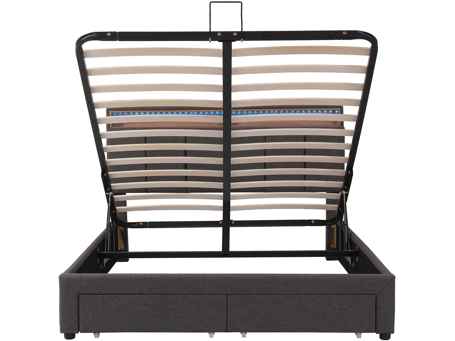 Lit coffre 140 x 190 cm - Tête de lit avec éclairage LED - Revêtement en lin - Compartiments de rangement - Gris