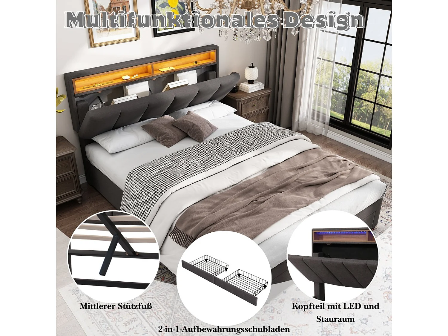 Lit coffre 140 x 190 cm - Tête de lit avec éclairage LED - Revêtement en lin - Compartiments de rangement - Gris