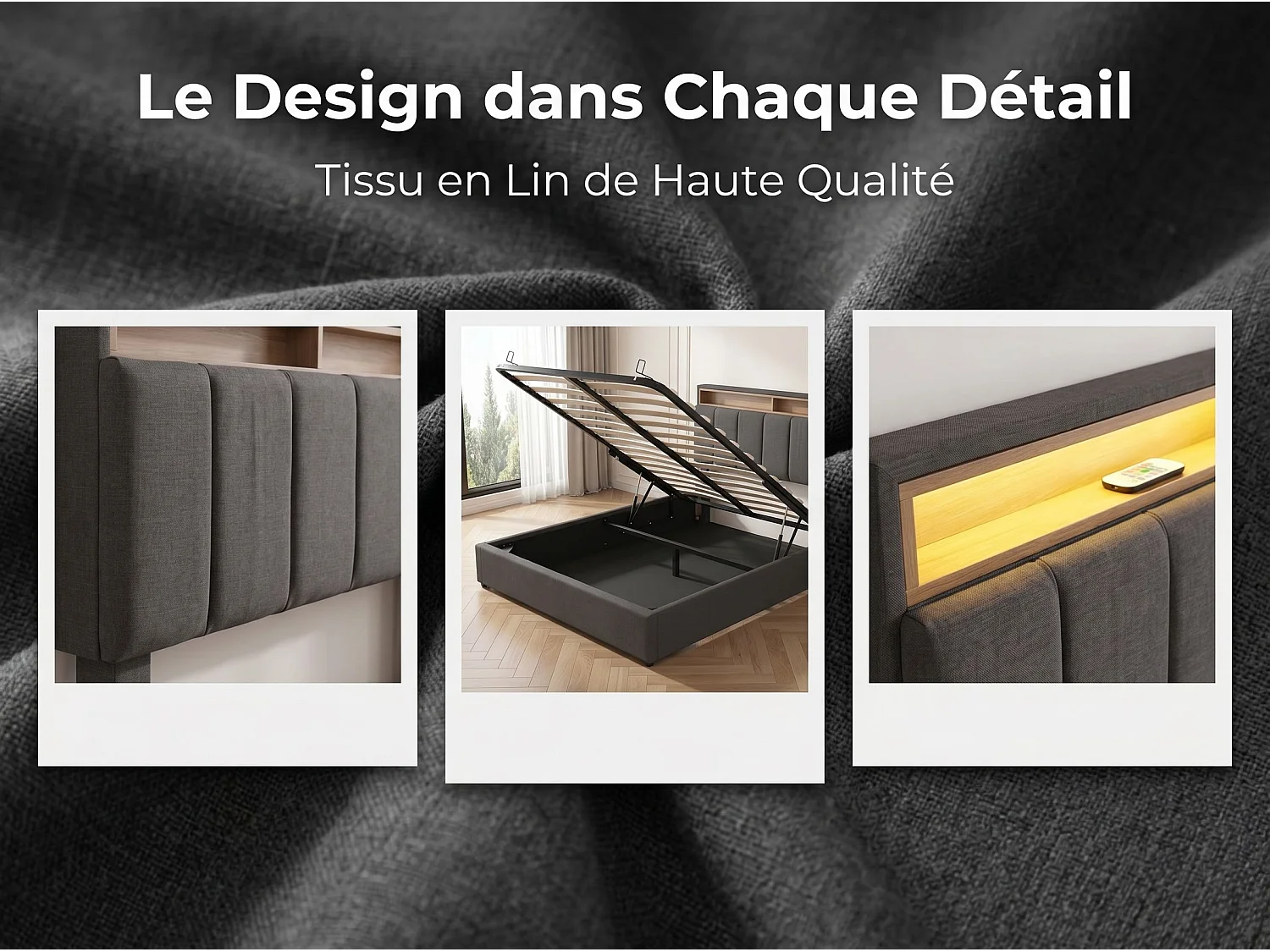 Lit coffre 140 x 190 cm - Tête de lit avec éclairage LED - Revêtement en lin - Compartiments de rangement - Gris