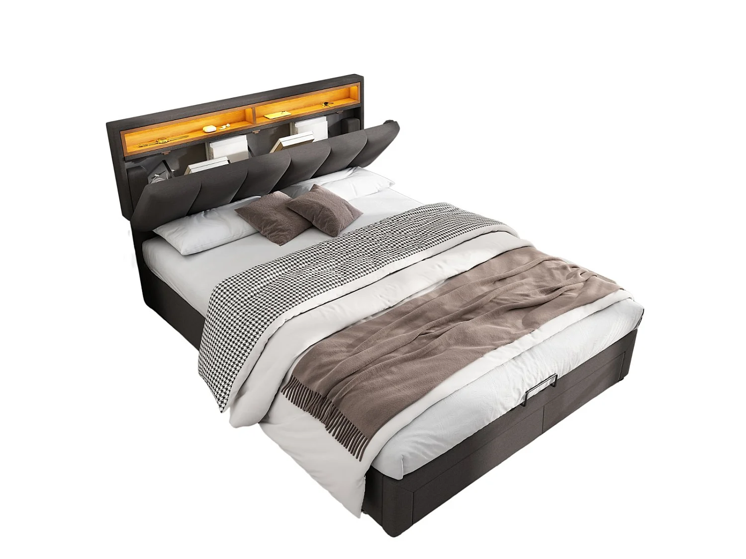 Lit coffre 140 x 190 cm - Tête de lit avec éclairage LED - Revêtement en lin - Compartiments de rangement - Gris