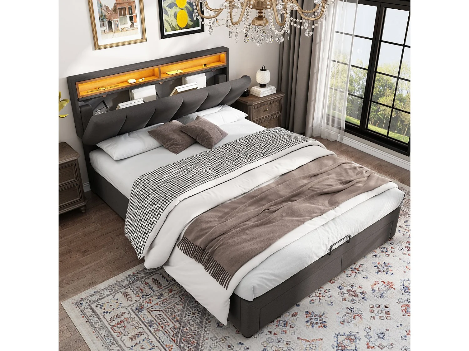 Lit coffre 140 x 190 cm - Tête de lit avec éclairage LED - Revêtement en lin - Compartiments de rangement - Gris