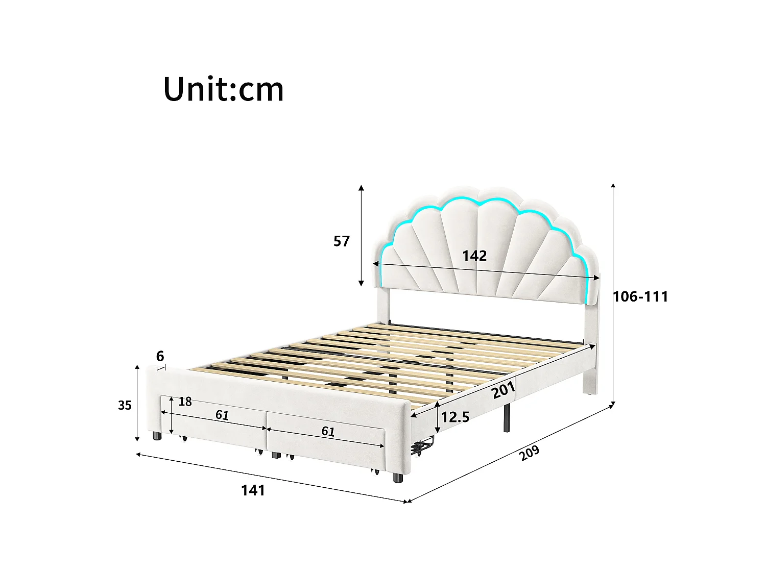 Lit double 140x200 cm blanc avec tête de lit rembourrée nuage, cadre de lit capitonné en velours, lit adulte et enfant avec finition douce