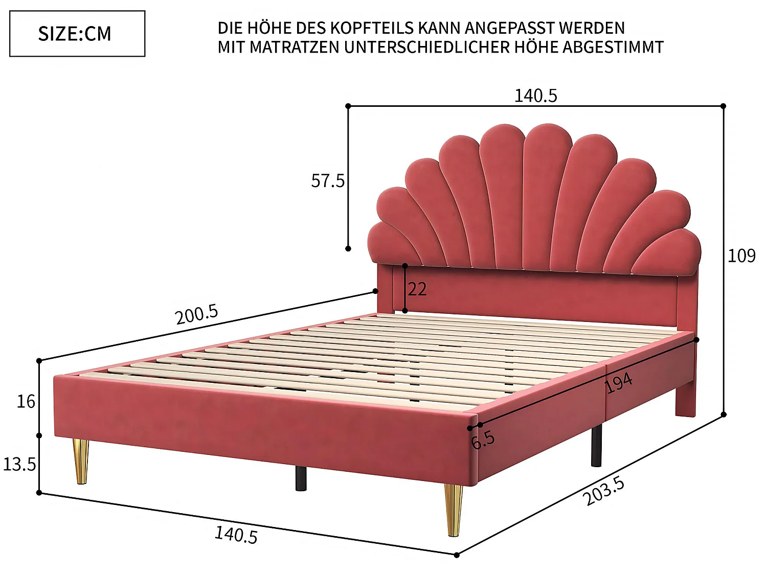 Lit double 140x200 cm Corail avec tête de lit rembourrée forme coquillage sommier à lattes et pieds dorés