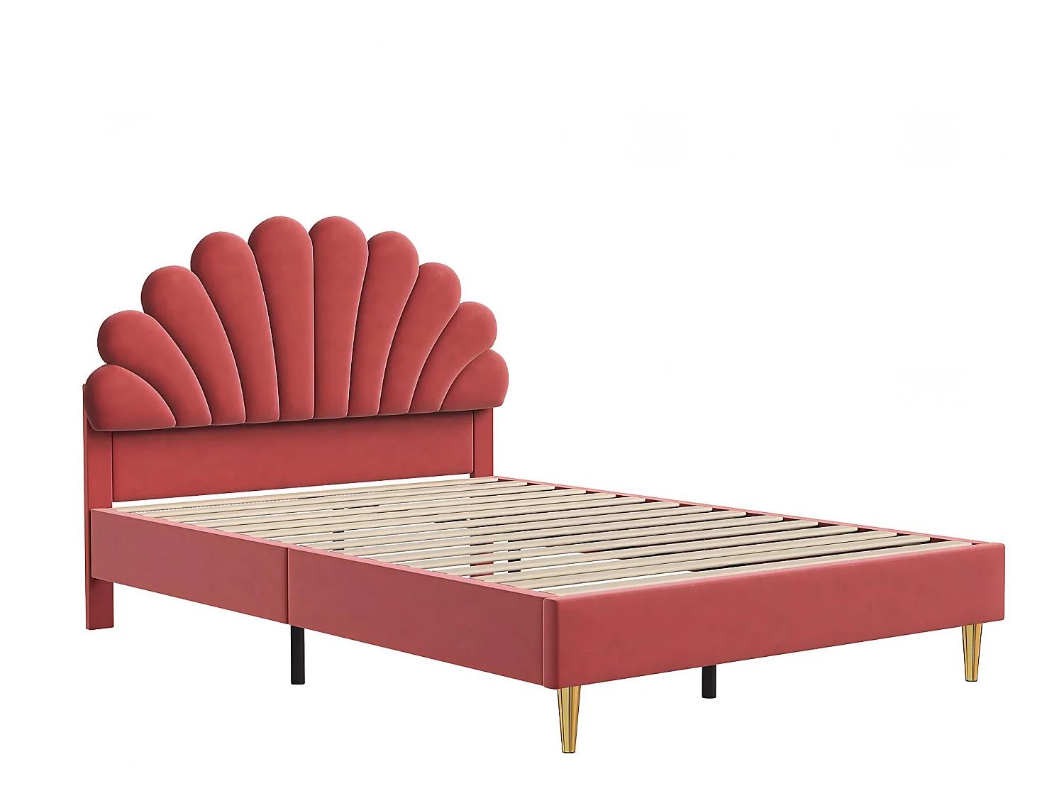 Lit double 140x200 cm Corail avec tête de lit rembourrée forme coquillage sommier à lattes et pieds dorés