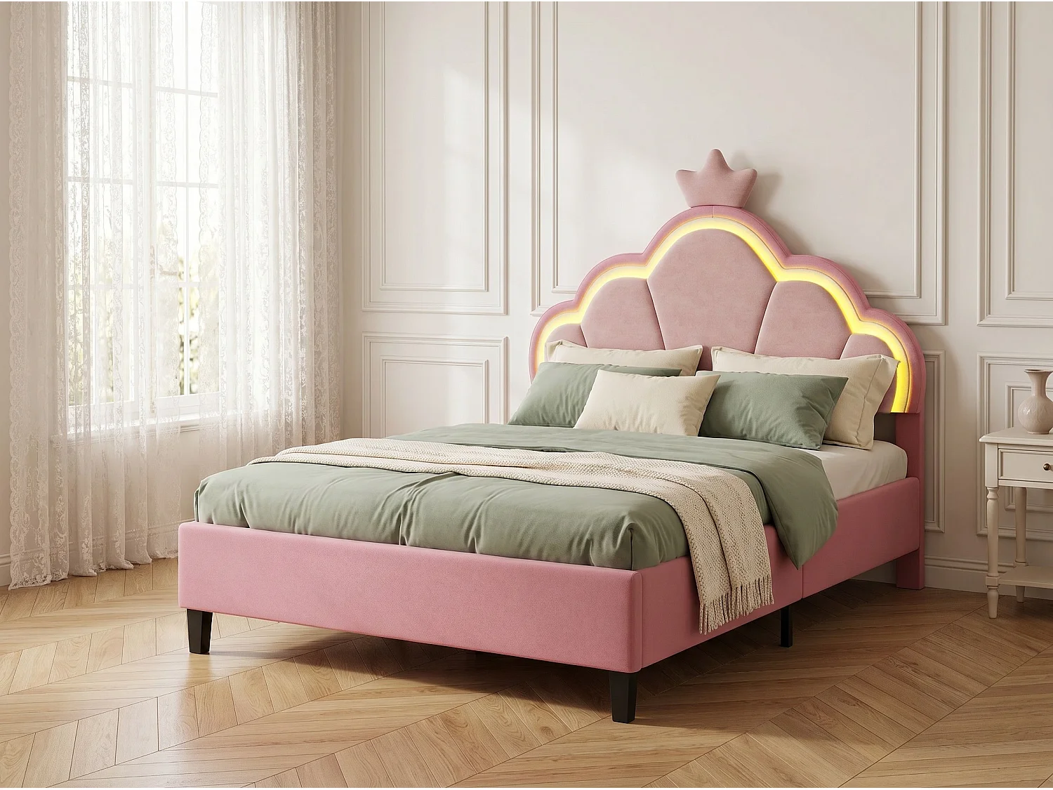 Lit 90x200 cm rose avec tête de lit rembourrée, cadre de lit une personne en velours, lit enfant et adolescent avec dossier capitonné
