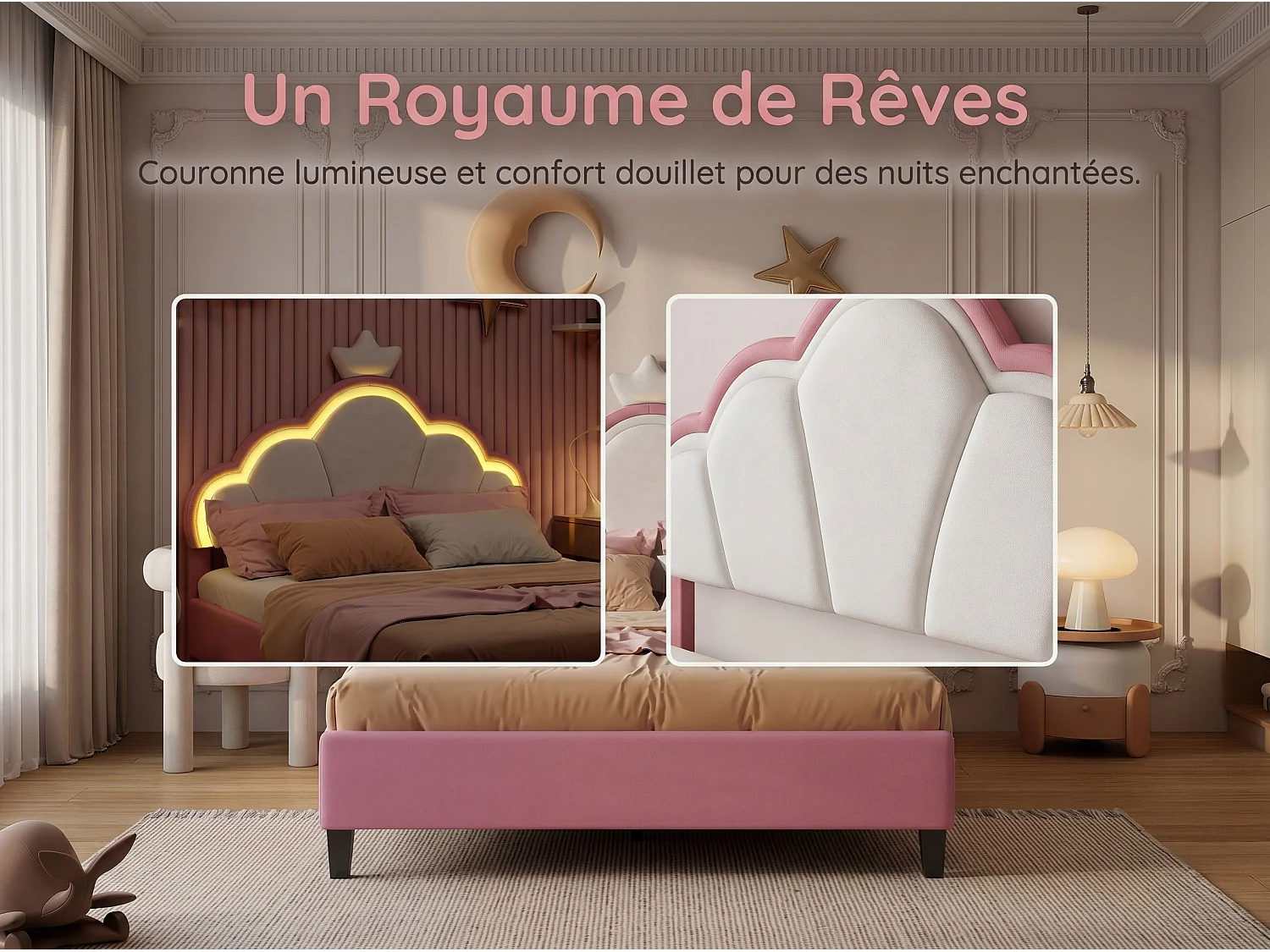 Lit 90x200 cm rose avec tête de lit rembourrée, cadre de lit une personne en velours, lit enfant et adolescent avec dossier capitonné