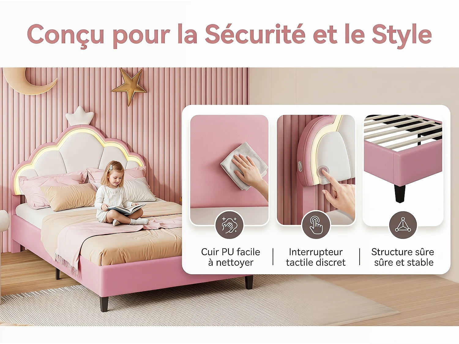 Lit 90x200 cm rose avec tête de lit rembourrée, cadre de lit une personne en velours, lit enfant et adolescent avec dossier capitonné