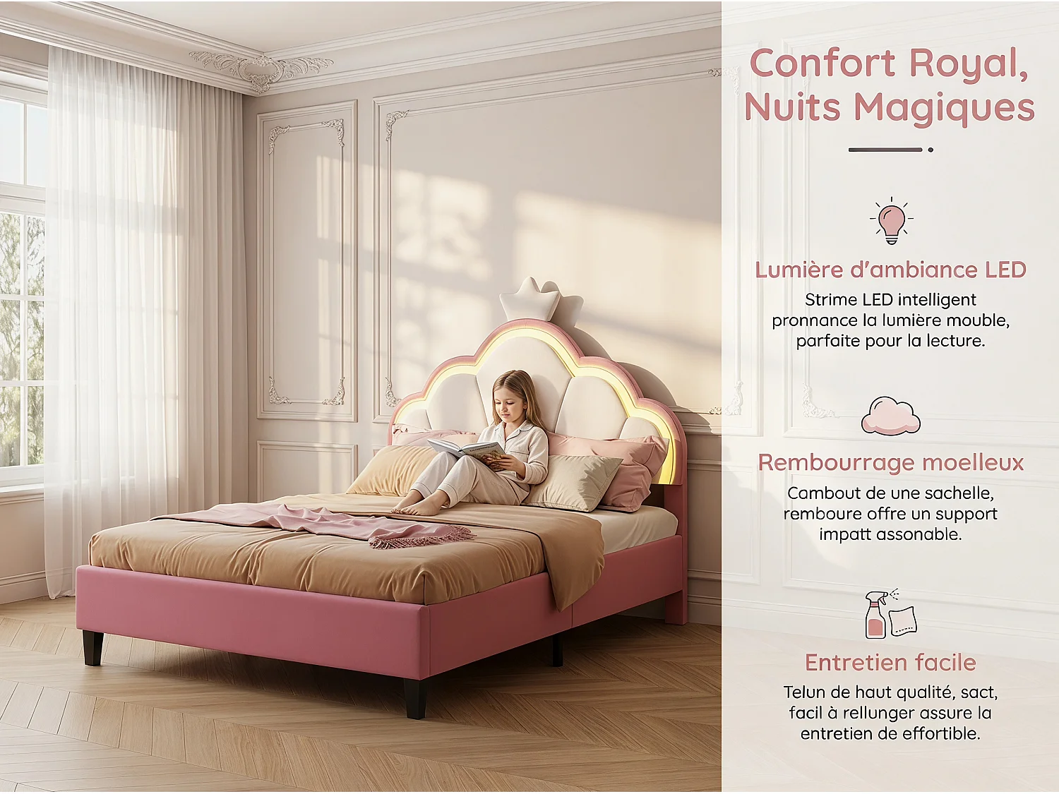 Lit 90x200 cm rose avec tête de lit rembourrée, cadre de lit une personne en velours, lit enfant et adolescent avec dossier capitonné