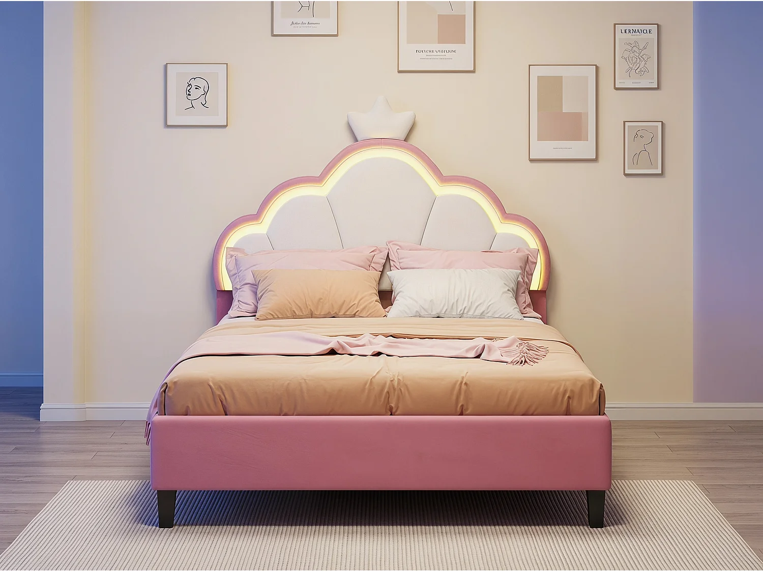 Lit 90x200 cm rose avec tête de lit rembourrée, cadre de lit une personne en velours, lit enfant et adolescent avec dossier capitonné