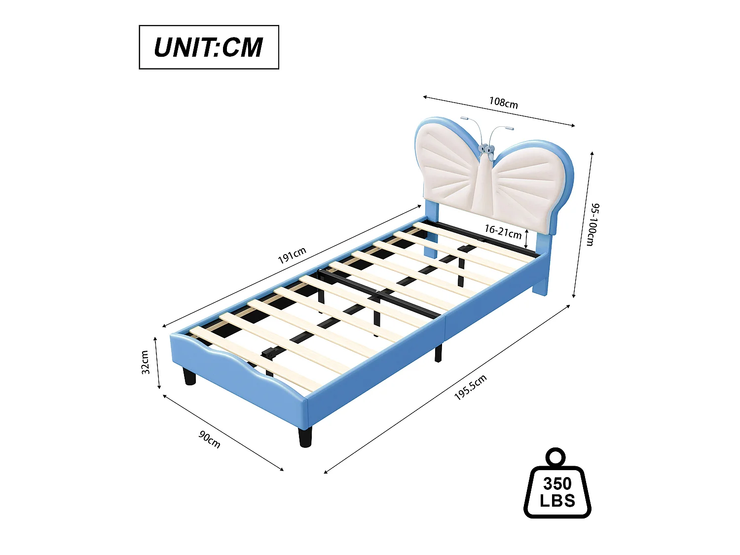Lit enfant 90x190 cm - LED intégrée - Lit rembourré velours - Tête de lit papillon réglable - Sommier à lattes