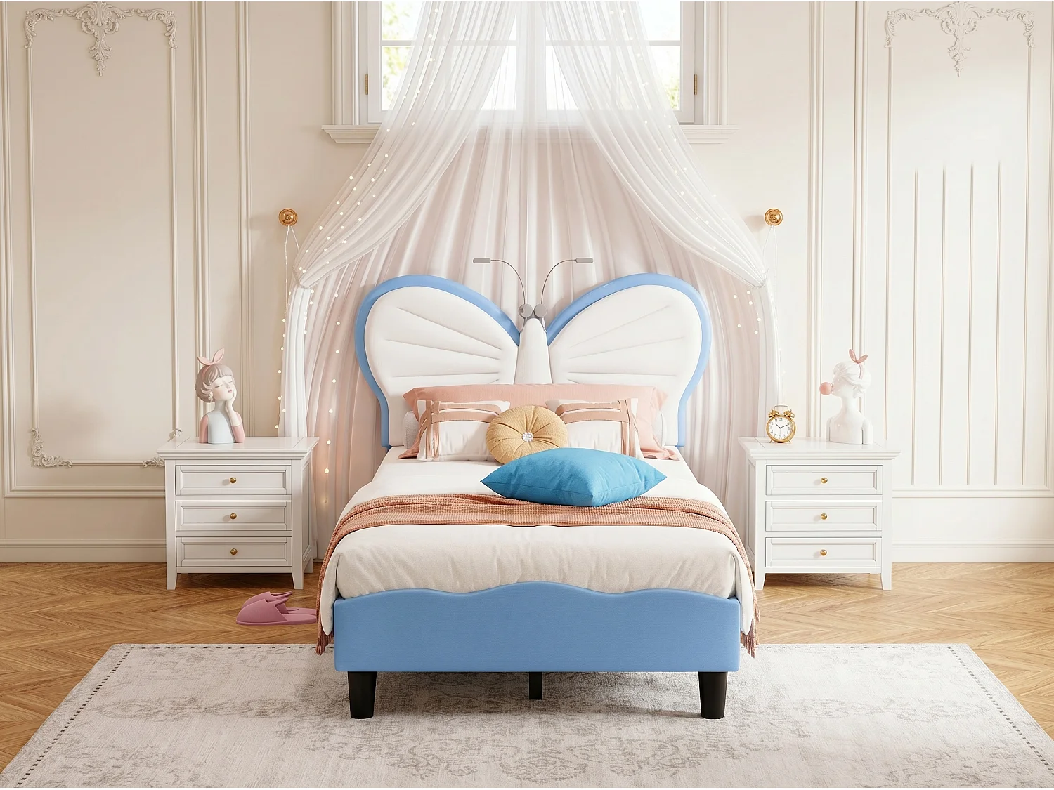 Lit enfant 90x190 cm - LED intégrée - Lit rembourré velours - Tête de lit papillon réglable - Sommier à lattes