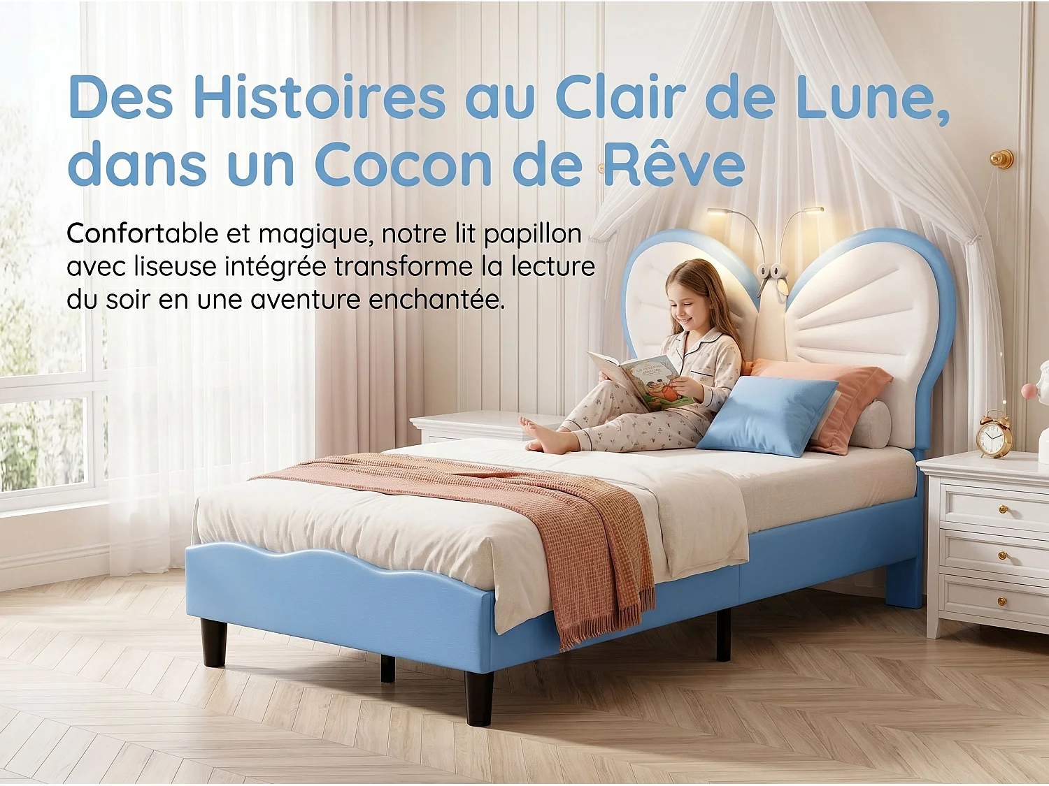 Lit enfant 90x190 cm - LED intégrée - Lit rembourré velours - Tête de lit papillon réglable - Sommier à lattes