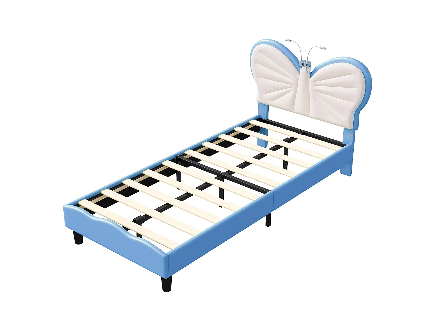 Lit enfant 90x190 cm - LED intégrée - Lit rembourré velours - Tête de lit papillon réglable - Sommier à lattes