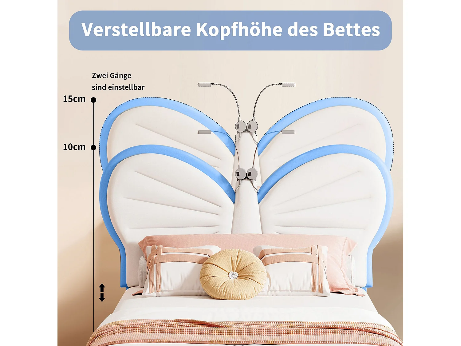 Lit enfant 90x190 cm - LED intégrée - Lit rembourré velours - Tête de lit papillon réglable - Sommier à lattes