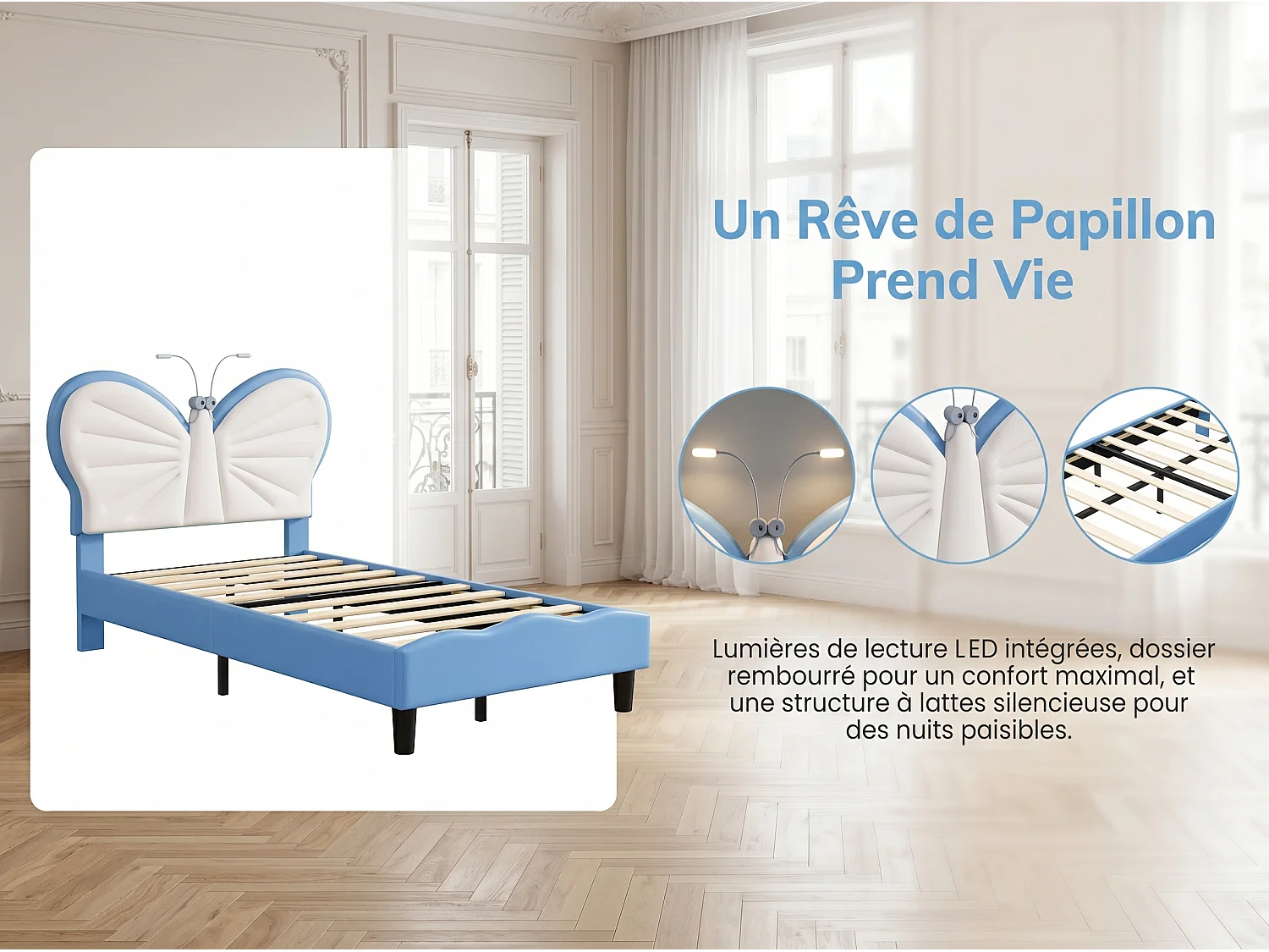 Lit enfant 90x190 cm - LED intégrée - Lit rembourré velours - Tête de lit papillon réglable - Sommier à lattes