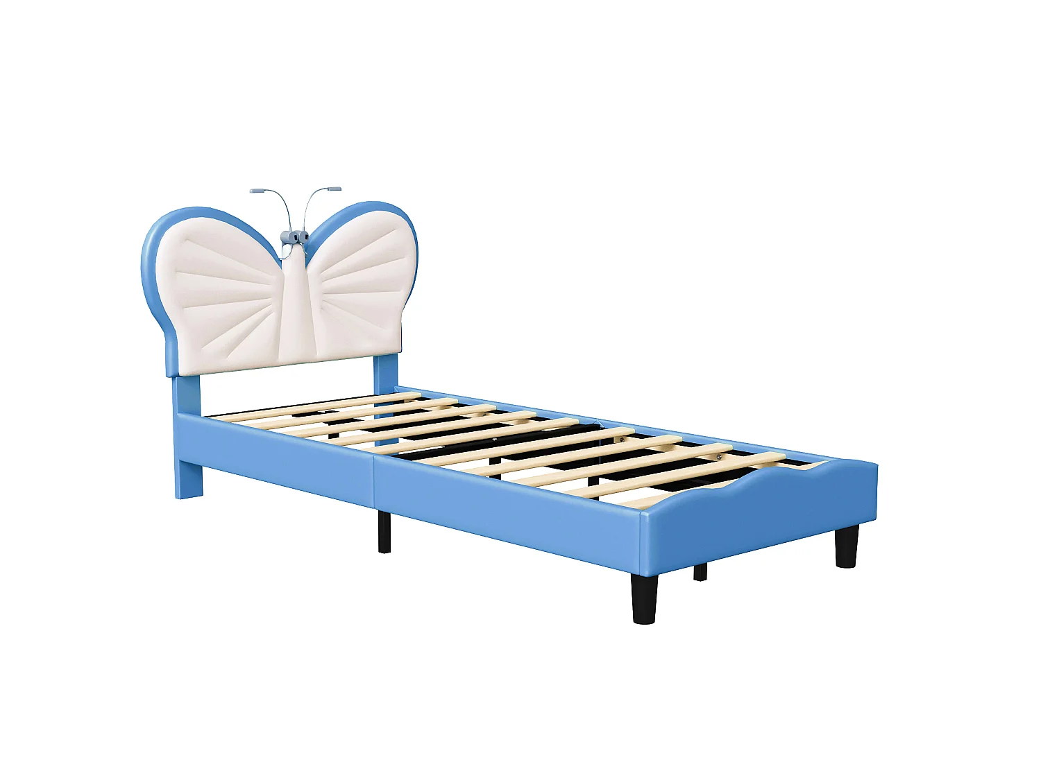 Lit enfant 90x190 cm - LED intégrée - Lit rembourré velours - Tête de lit papillon réglable - Sommier à lattes