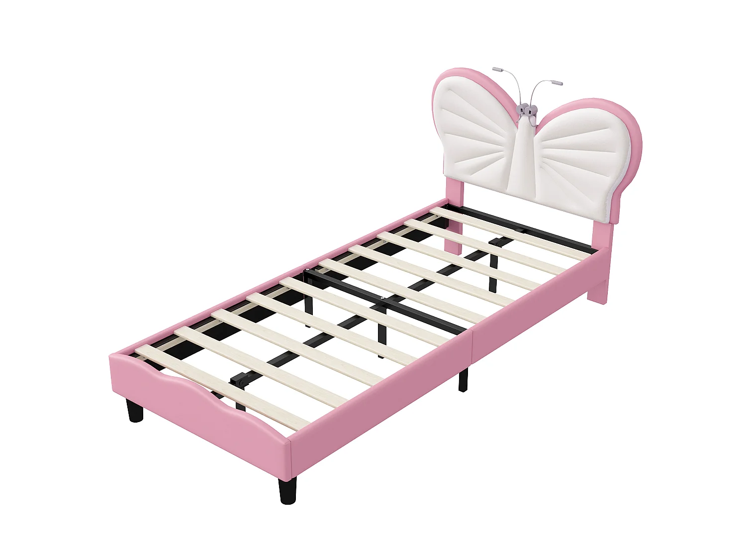 Lit enfant 90x200 cm - LED intégrée - Velours - Tête de lit papillon réglable - Sommier à lattes inclus