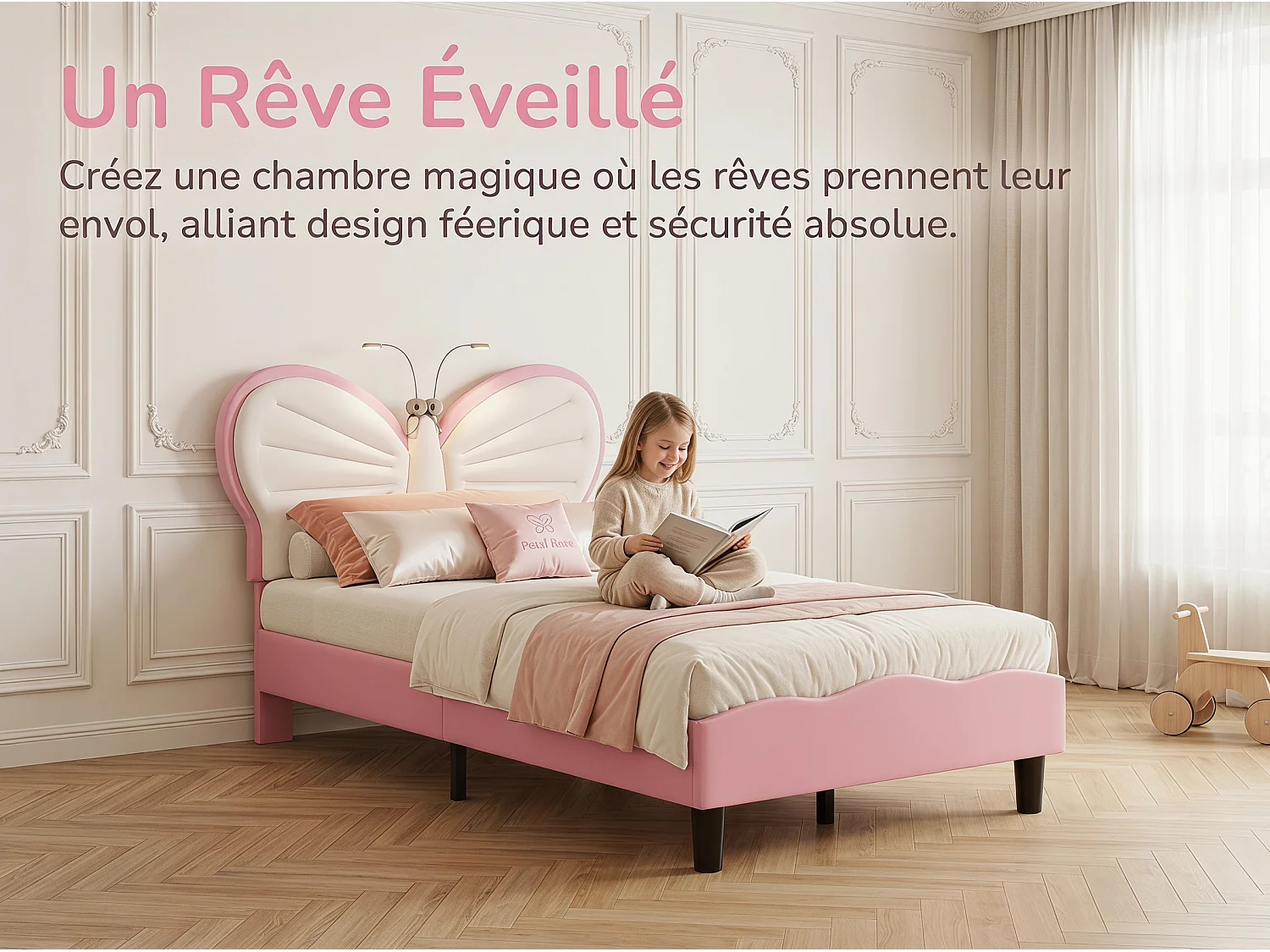 Lit enfant 90x200 cm - LED intégrée - Velours - Tête de lit papillon réglable - Sommier à lattes inclus