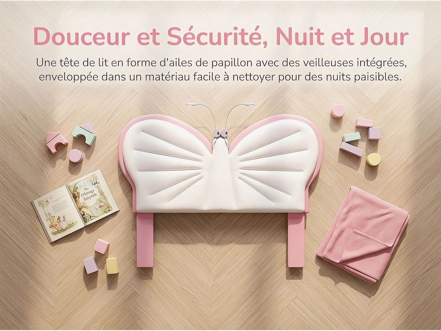 Lit enfant 90x200 cm - LED intégrée - Velours - Tête de lit papillon réglable - Sommier à lattes inclus