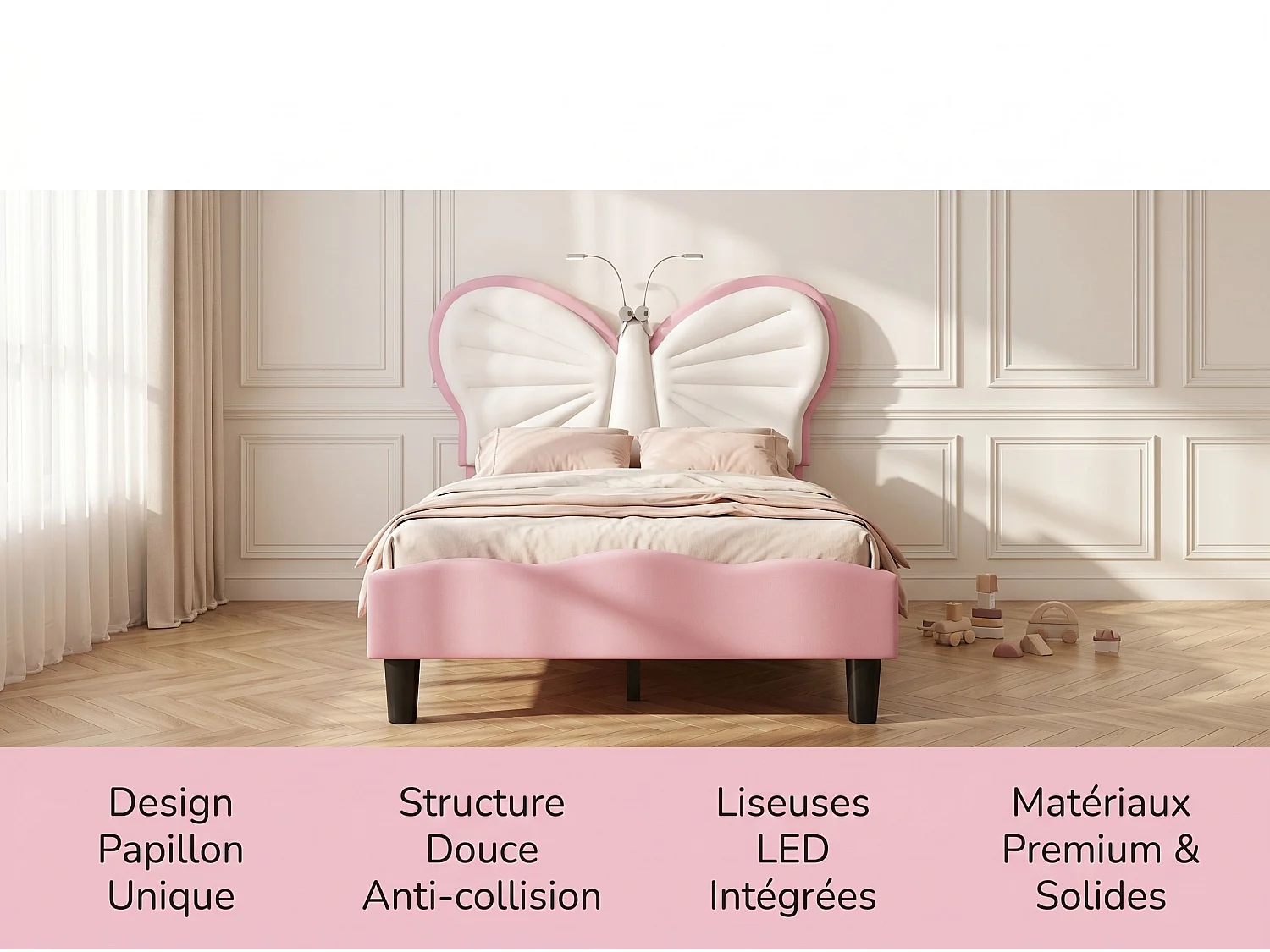 Lit enfant 90x200 cm - LED intégrée - Velours - Tête de lit papillon réglable - Sommier à lattes inclus