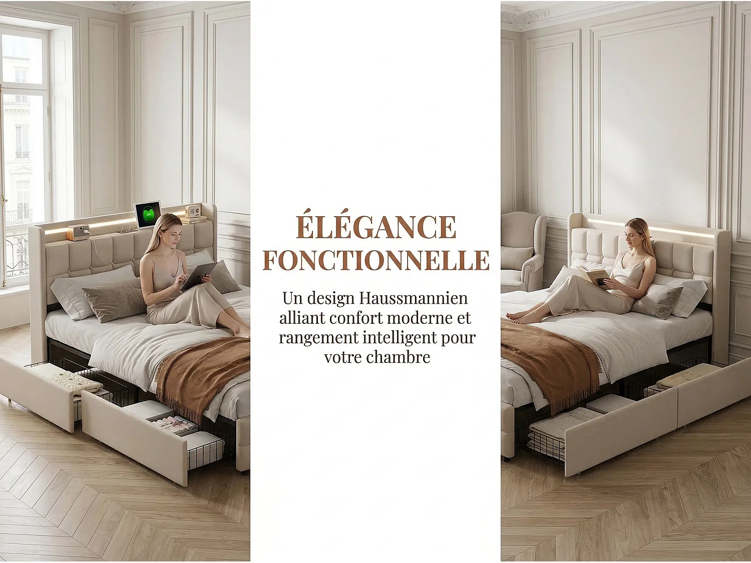 Lit double avec tiroirs 180 x 200 cm - Tissu lin - LED, USB et prise EU