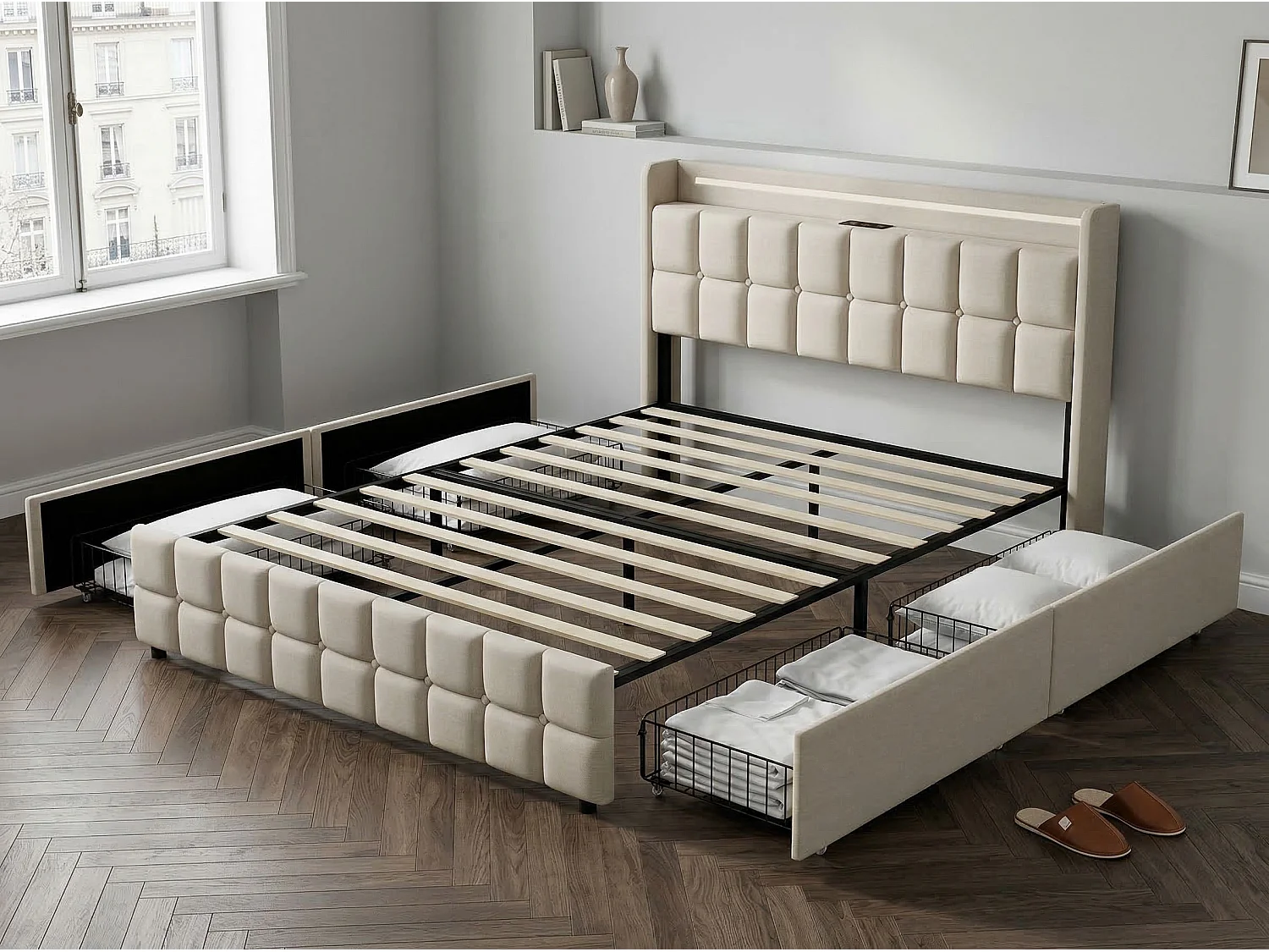 Lit double avec tiroirs 180 x 200 cm - Tissu lin - LED, USB et prise EU