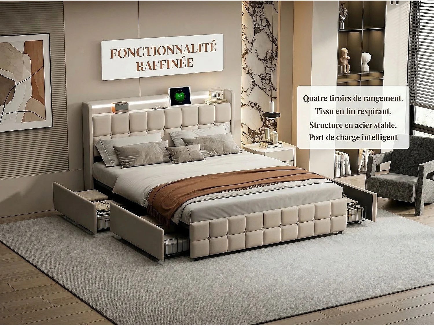 Lit double avec tiroirs 180 x 200 cm - Tissu lin - LED, USB et prise EU