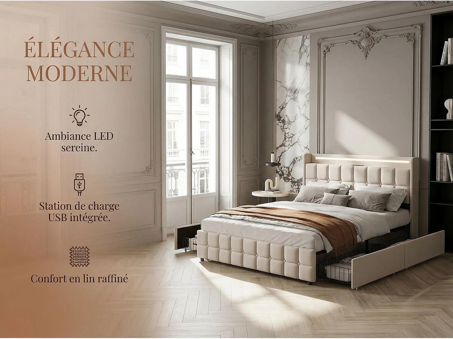 Lit double avec tiroirs 180 x 200 cm - Tissu lin - LED, USB et prise EU