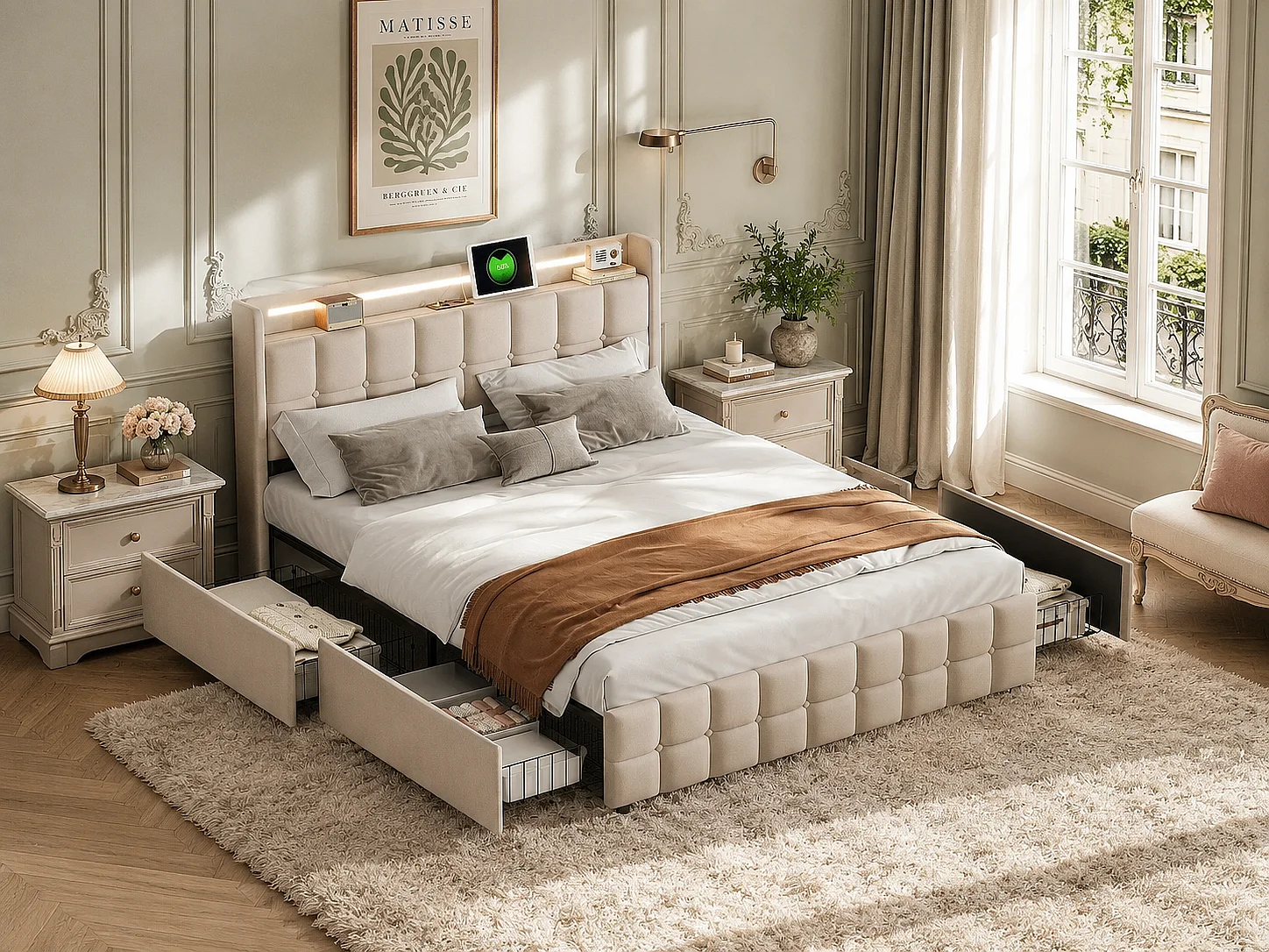 Lit double avec tiroirs 180 x 200 cm - Tissu lin - LED, USB et prise EU