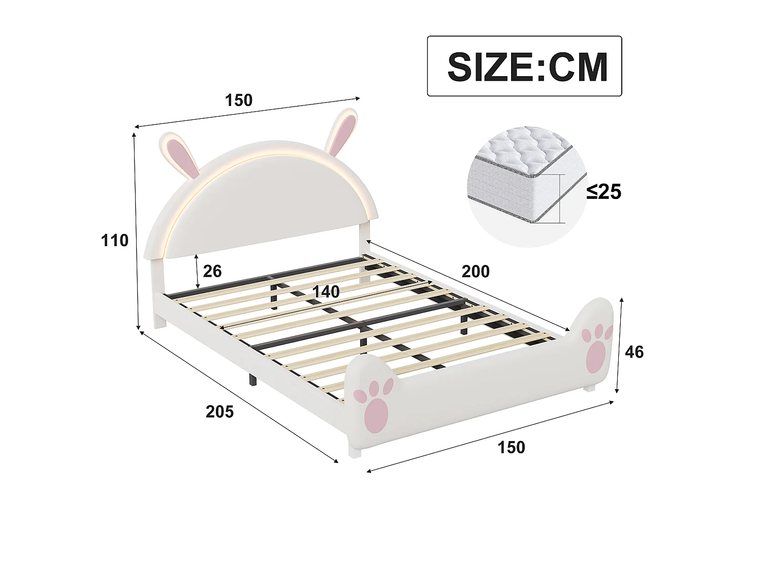 Lit enfant lapin 140 x 200 cm - Rose et blanc - LED, tête de lit lapin et pied de lit patte
