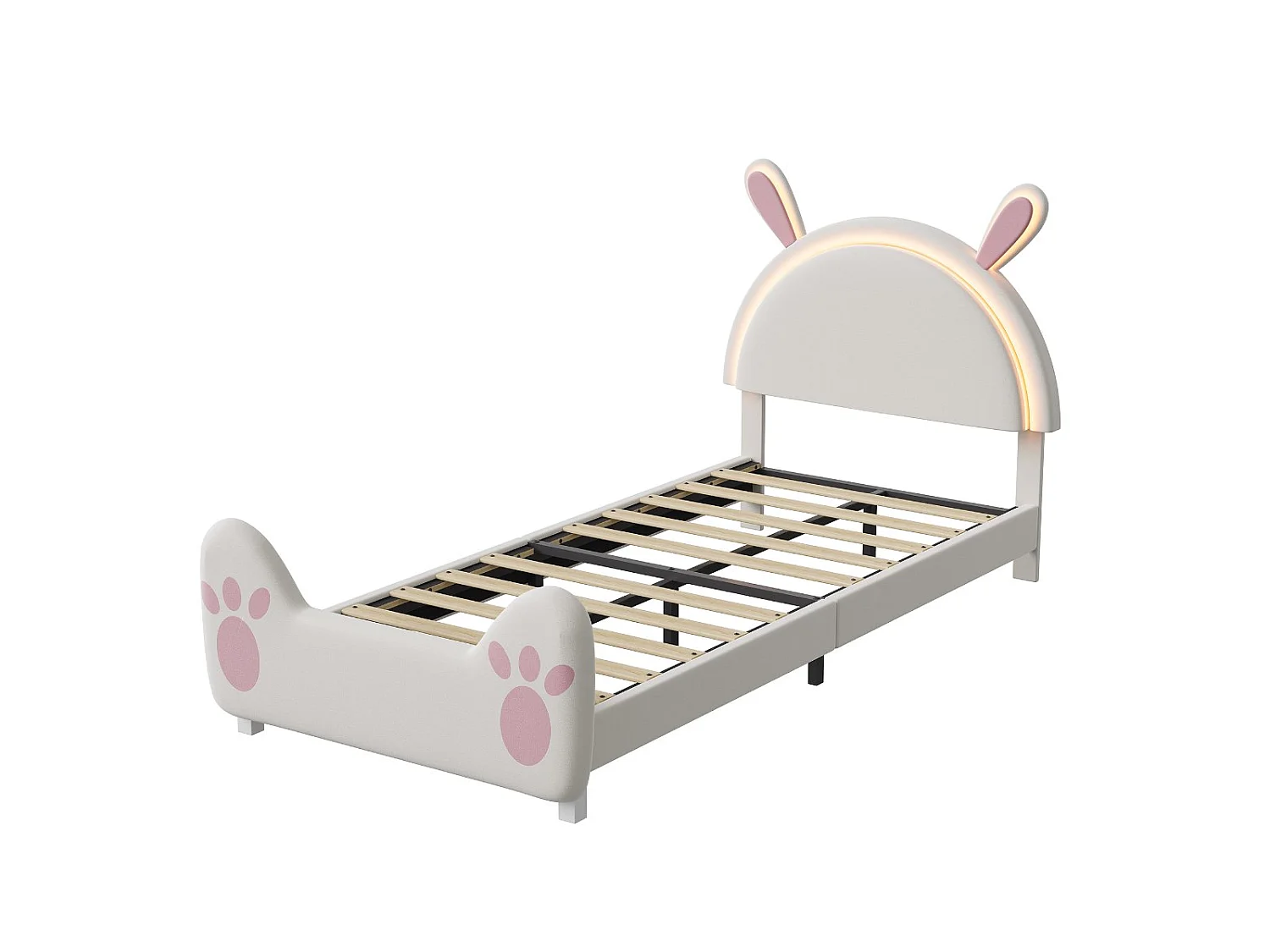 Lit enfant lapin 140 x 200 cm - Rose et blanc - LED, tête de lit lapin et pied de lit patte