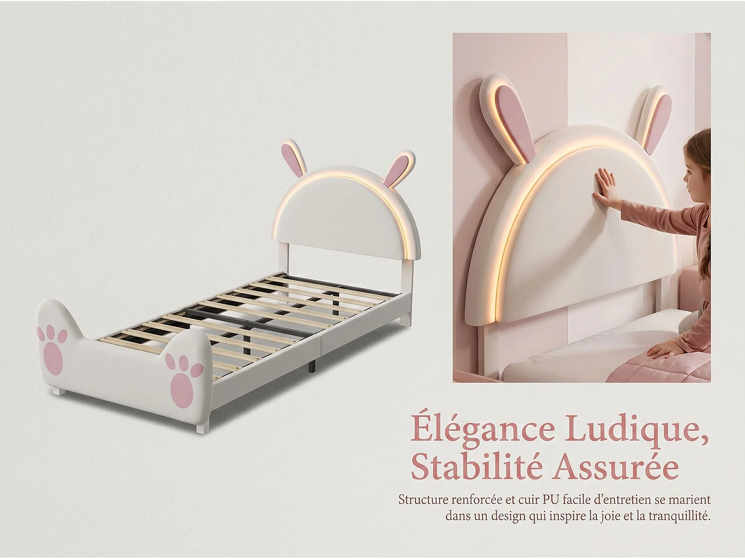 Lit enfant lapin 140 x 200 cm - Rose et blanc - LED, tête de lit lapin et pied de lit patte