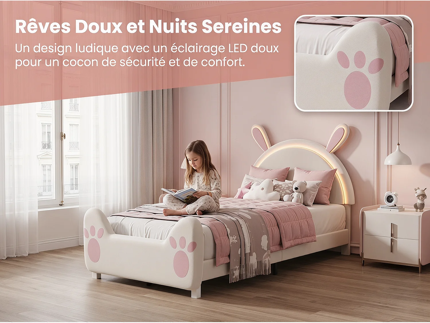 Lit enfant lapin 140 x 200 cm - Rose et blanc - LED, tête de lit lapin et pied de lit patte