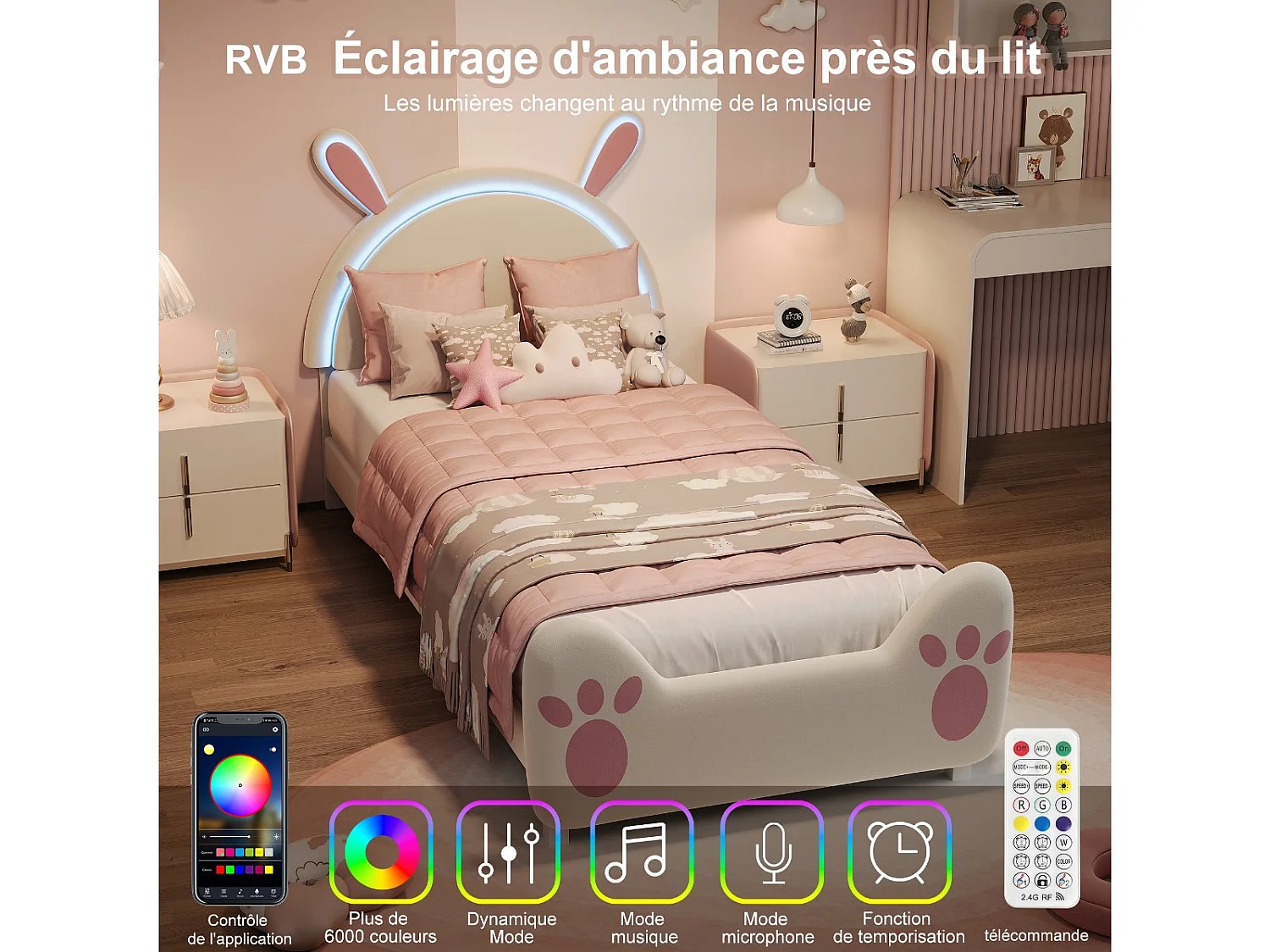 Lit enfant lapin 140 x 200 cm - Rose et blanc - LED, tête de lit lapin et pied de lit patte